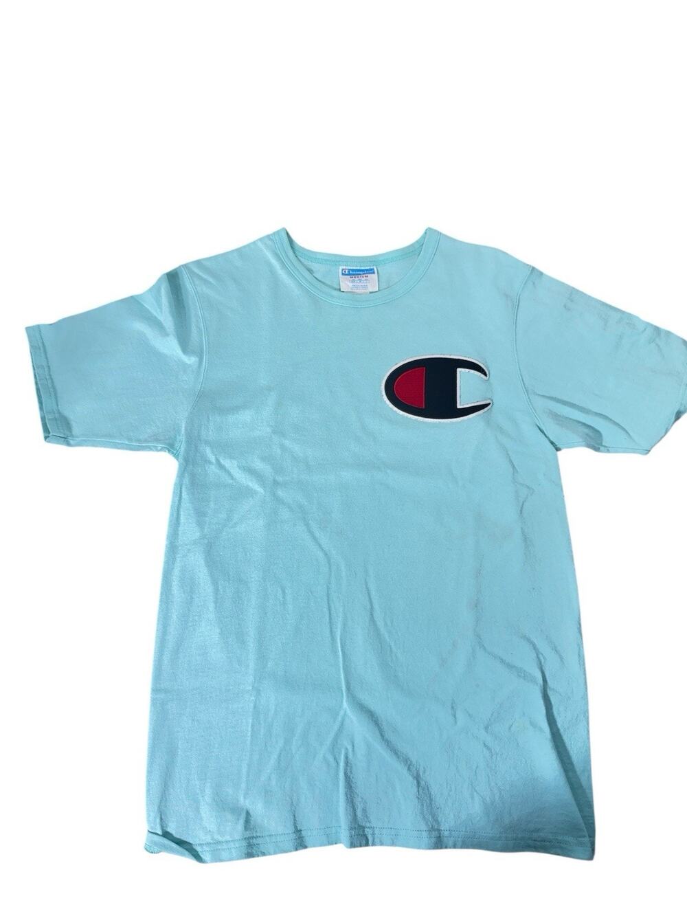 Vintage Champion Mens Sz Medium T-Shirt Light Blue Logo Patch Embroidered Cotton